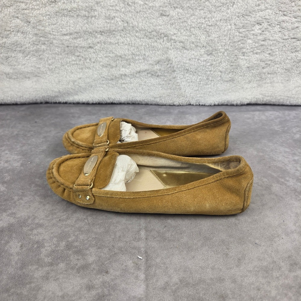 Michael Kors Tan Suede Leather Moccasin Flats Gold Logo Hardware Size 8M S2424